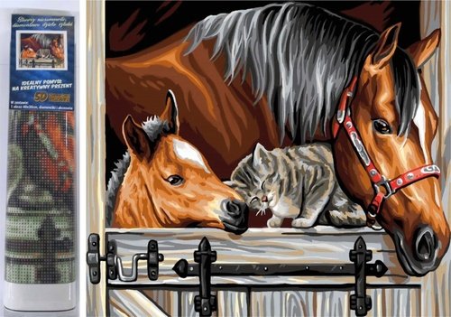 Levně Diamantové malování Koně s kočkou 30x40cm