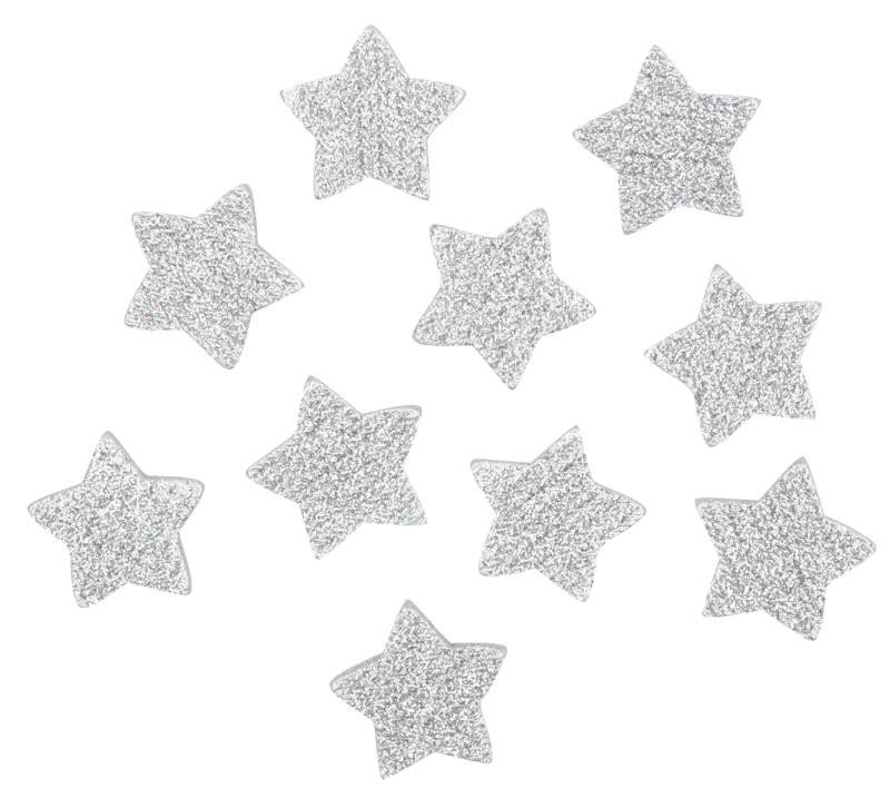 Levně Hvězda stříbrná s lepíkem 5 cm akryl s glitry (10 ks)