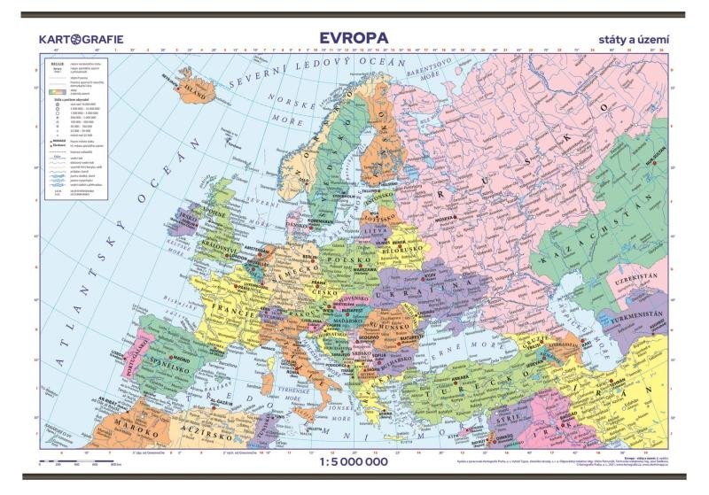 Evropa - školní fyzická nástěnná mapa, 136x96 cm/1:5 mil., 6. vydání