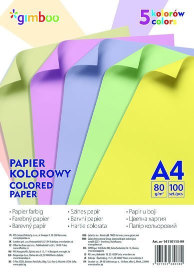 Sada barevných papírů A4 80 g/m2, 100 listů, mix pastelových barev