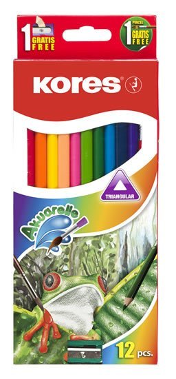 Levně Kores Akvarelové pastelky trojhranné 3 mm 12 barev s ořezávátkem a štětcem