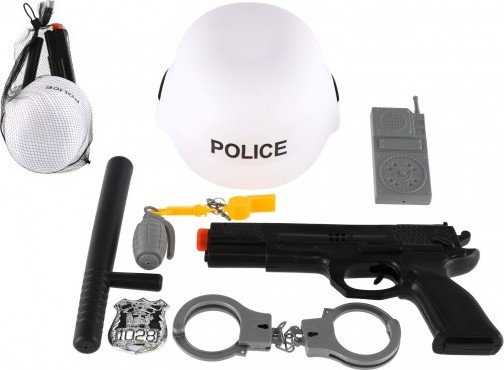 Levně Sada policie SWAT helma+pistole na setrvačník s doplňky plast v síťce