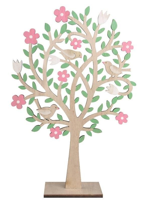 Levně Strom dřevěný s růžovými květy na postavení 30 cm