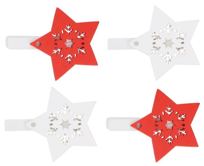 Levně Hvězda dřevěná na kolíčku 4,5 cm - červená a bílá 4 ks