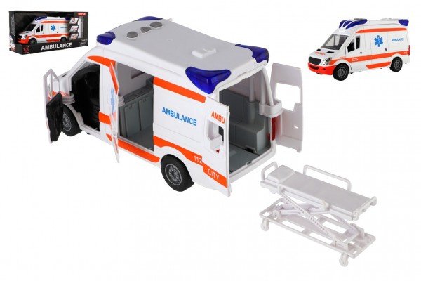 Levně Auto ambulance plast 26cm s lehátkem na setrvačník se světlem se zvukem v krabici 37x18x11,5cm