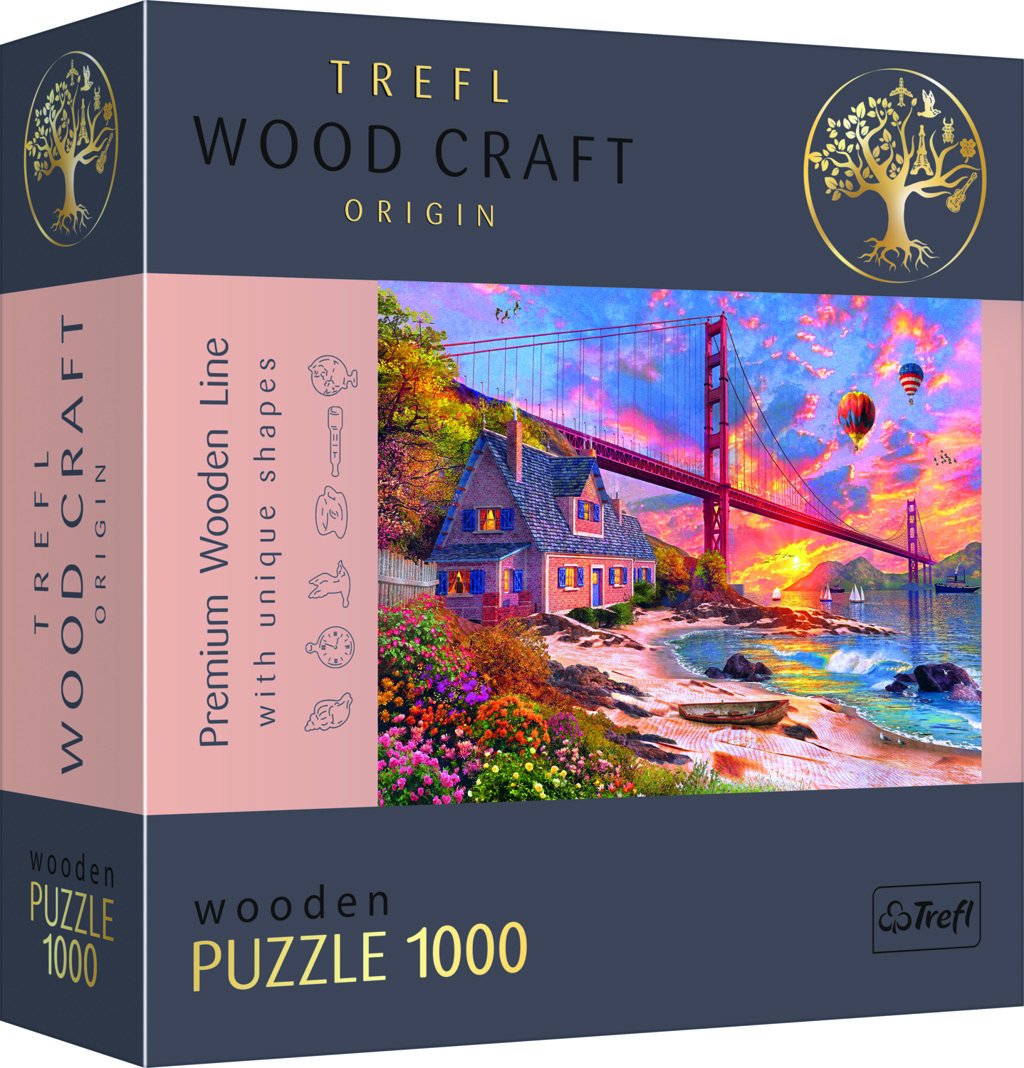 Dřevěné puzzle Západ slunce nad Golden Gate 1000 dílků - Trefl