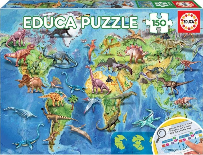 Levně Puzzle Mapa světa s dinosaury 150 dílků