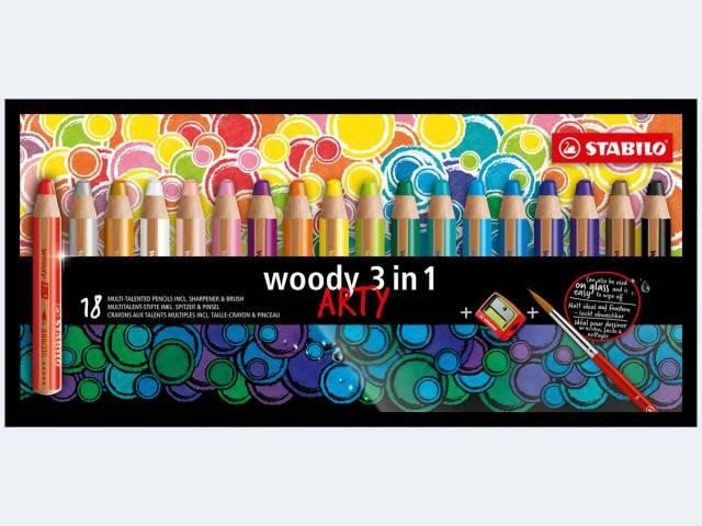 Pastelky STABILO Woody 3in1, sada 18 ks v pouzdru s ořezávátkem a štětcem "ARTY"