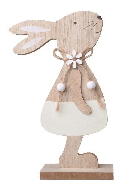 Levně Zajíc dřevěný s béžovou sukní na postavení 11,5 x 20 cm