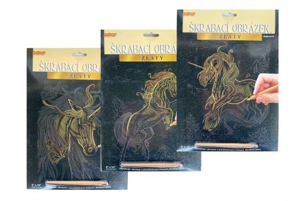 Levně Škrabací obrázek zlatý Jednorožec A4 20,3x25,4cm 3 druhy na kartě