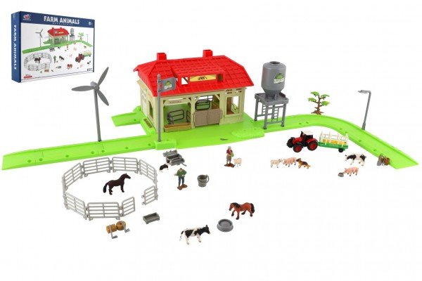 Levně Sada domácí farma se zvířaty a traktorem plast s doplňky v krabici 48x31x9cm