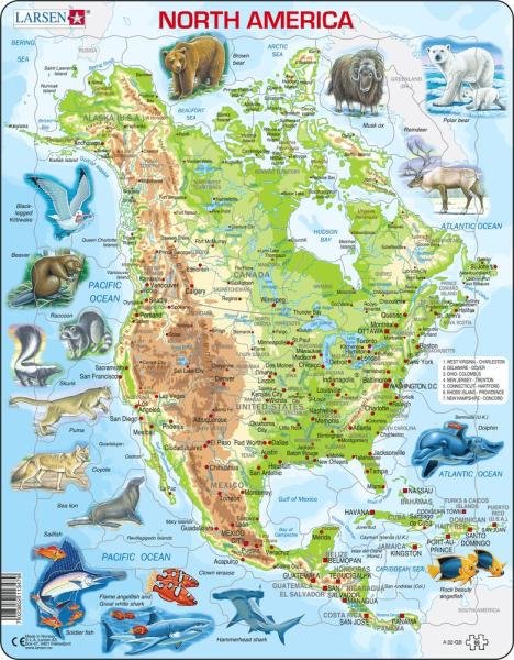 Levně Puzzle North America, Topographic map with animals