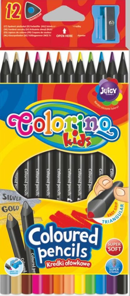 Levně Colorino pastelky trojhranné, černé dřevo, s ořezávátkem, 12 barev