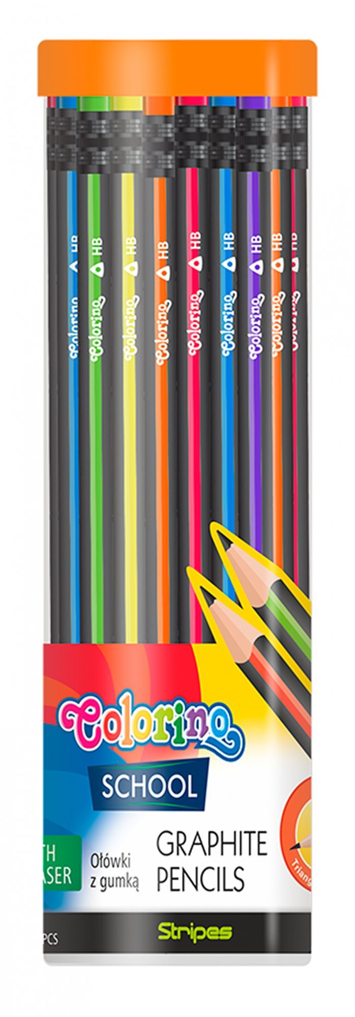 Levně Colorino tužka Stripes, trojhranná, s pryží, mix barev - 48 ks
