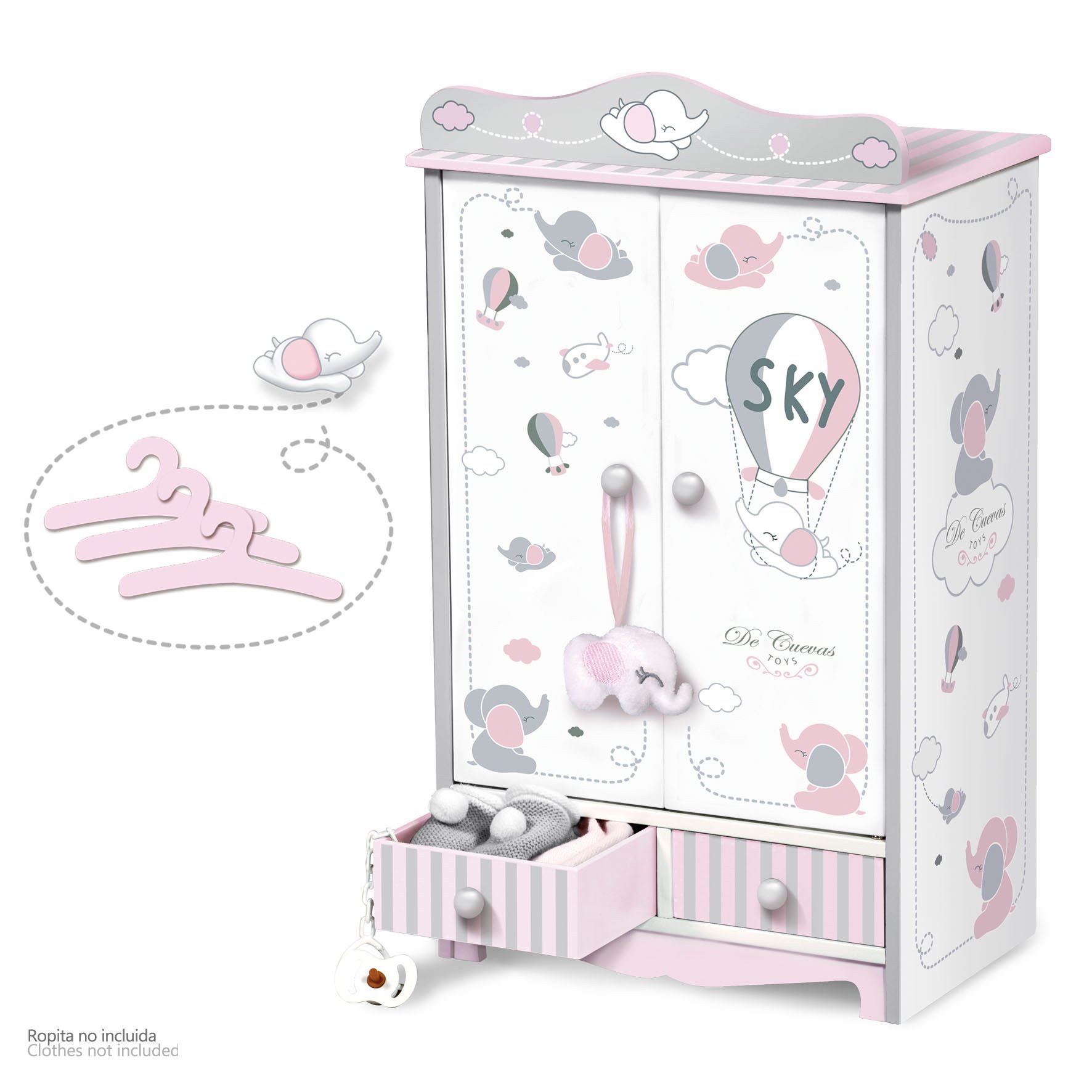 Levně Dřevěná šatní skříň pro panenky se zásuvkami a doplňky DeCuevas - SKY 2019