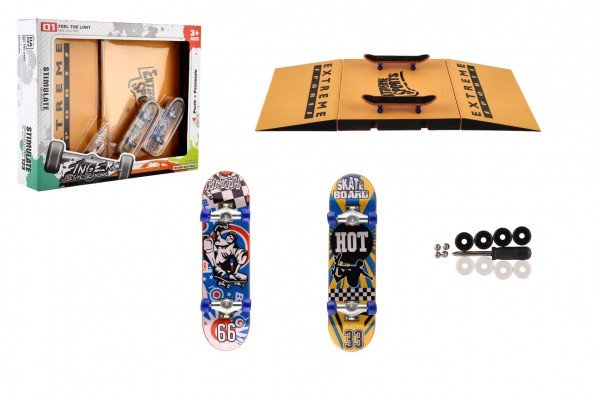 Levně Skateboard prstový šroubovací 2ks plast 10cm s rampou s doplňky v krabičce 30x24x6cm