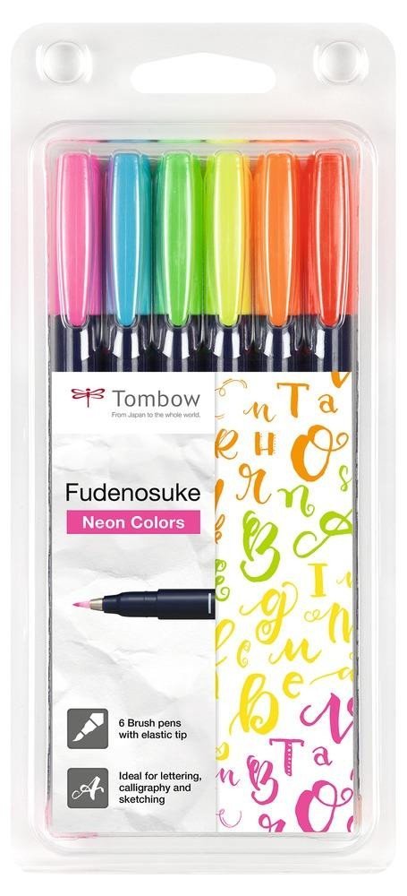 Levně Tombow Sada štětcových fixů Fudenosuke tvrdost 1 - hard 6 neonových barev