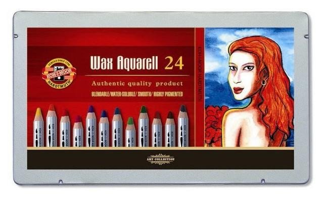 Levně Koh-i-noor pastelky WAX AQUARELL souprava 24 ks doplněná o štětec, ořezávátko a grafitovou tužku v plechové lrabičce