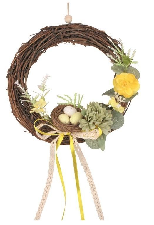 Levně Věnec s dekoracemi a hnízdem 20 cm, žlutá stuha
