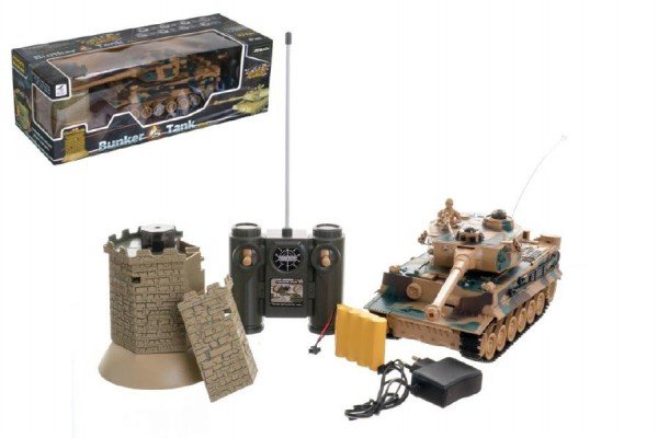 Levně Tank RC 35cm+bunkr na bat. plast s dobíjecím packem se zvukem se světlem 40MHz v krabici 51x17x19cm