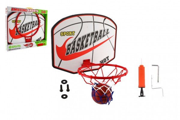 Levně Basketbalový koš dřevo/kov/síťka/míč s pumpičkou v krabici 49x42x4cm