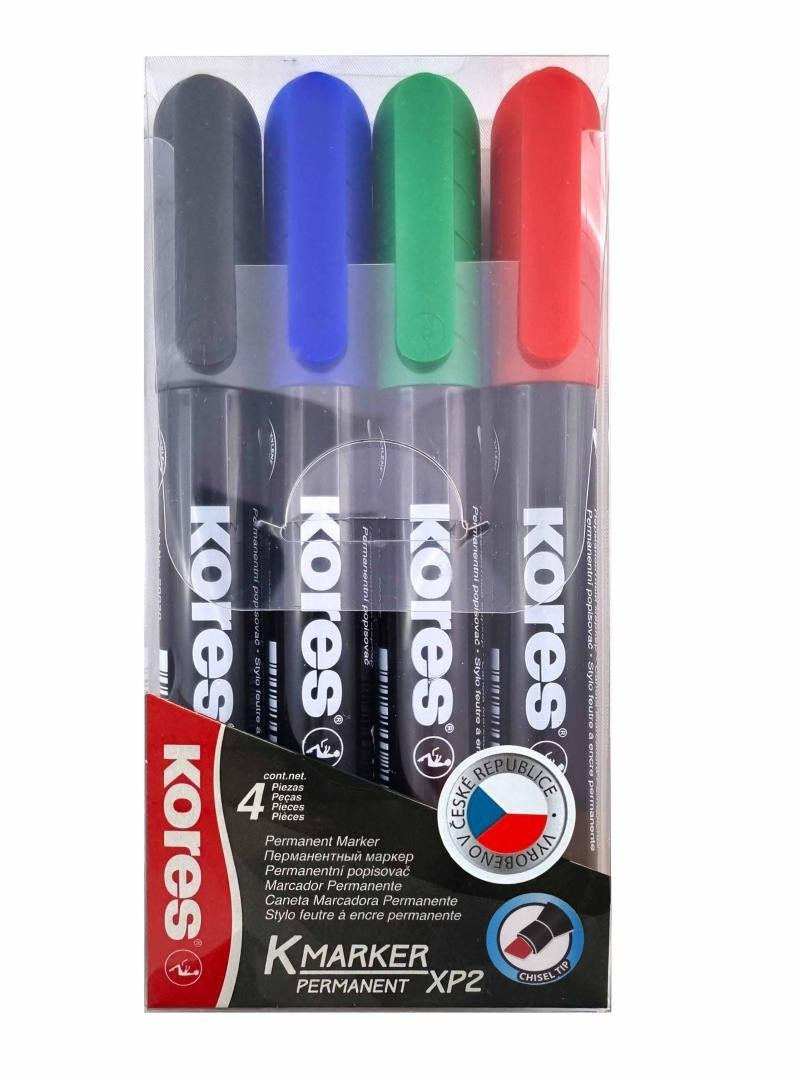 Levně Kores Permanentní popisovač K-MARKER, zkosený hrot 3-5 mm, mix 4 barev (černá, červená, zelená, modrá)