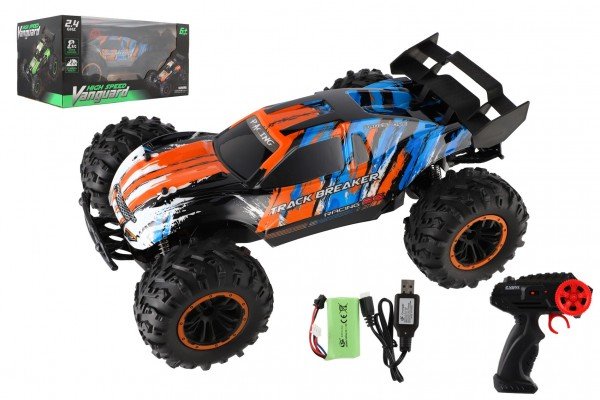 Levně Auto RC Buggy rychlostní 2,4GHz plast 40cm dobíjecí pack+baterie oranžové-modré v krabici 42x21x28cm