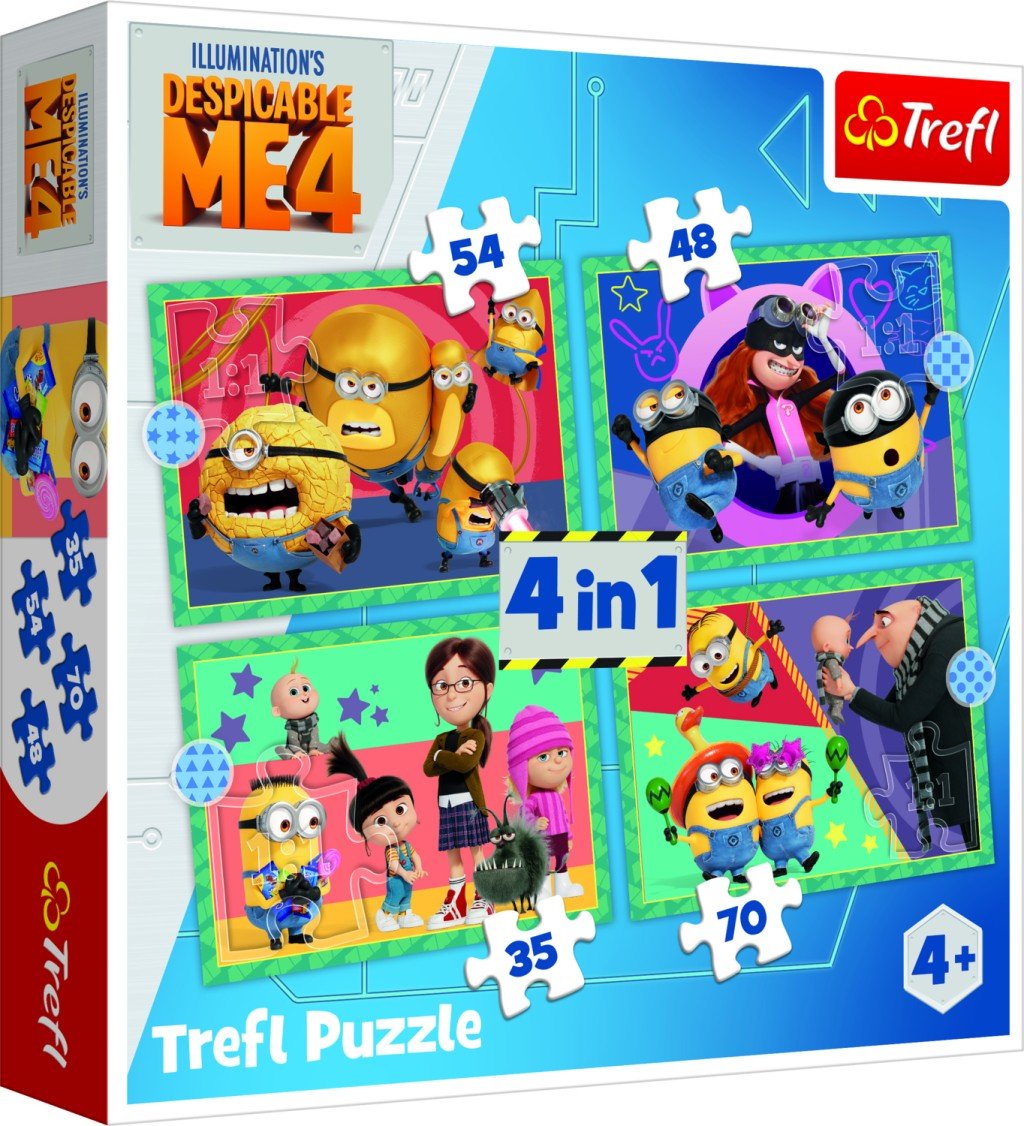 Product detail of Puzzle Já, padouch 4: Šílení Mimoni 4v1 (35, 48, 54, 70 dílků) - Trefl