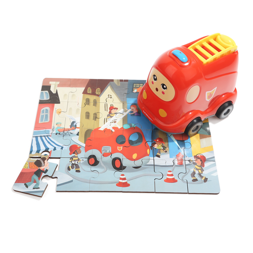 Levně Puzzle Hasičské auto, dřevěné s hračkou