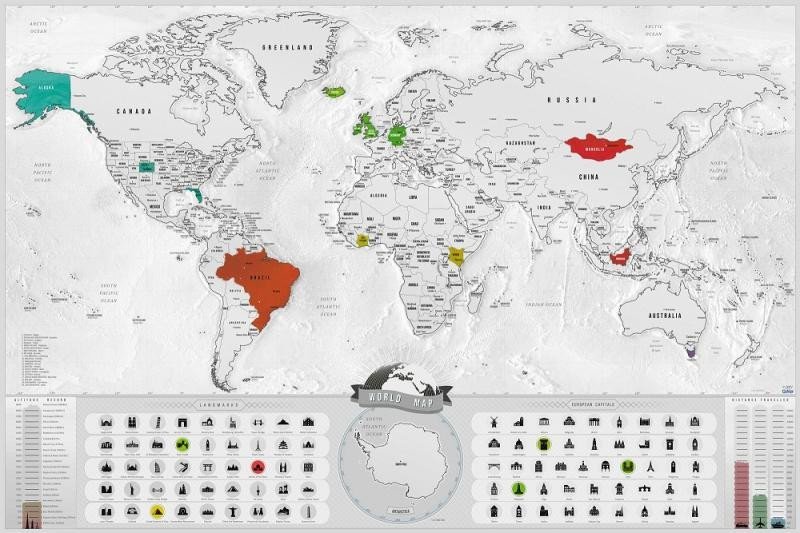 Levně Stírací mapa světa EN - blanc silver XL